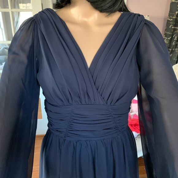 ASOS Navy Deep V Chiffon Sleeve Grecian Cocktail Dress sz 4 EUC - Picture 2 of 6
